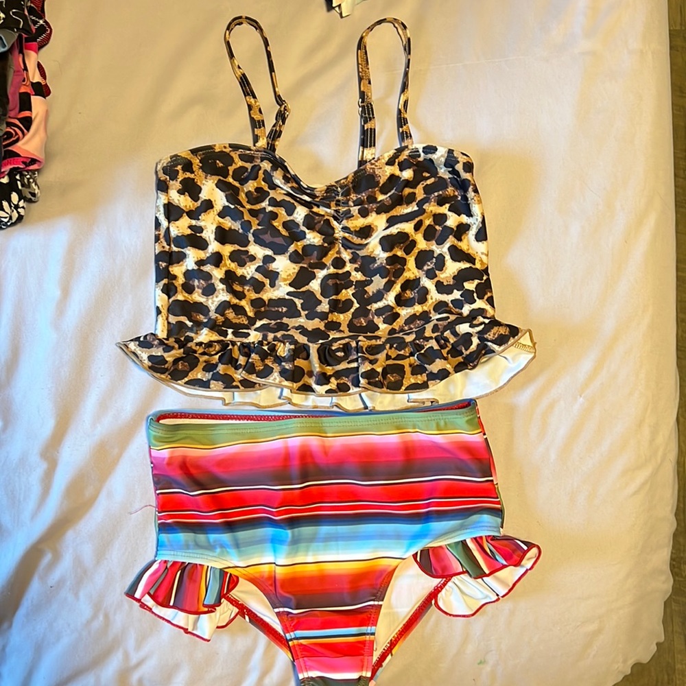 Girls' Leopard Print  & Striped High Waist Bikini Set - 3XL (8/9 years)